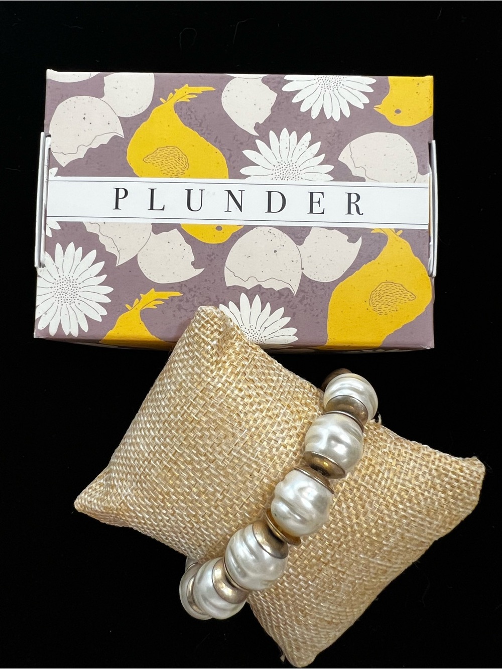 Plunder Silver Faux-Pearl Stretch Bracelet with Gold Accents